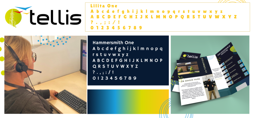 Logo de l'entreprise Tellis accompagnée d'un dégradé de couleurs vert bleu et jaune ainsi qu'une photo mockup d'une brochure de la société Tellis et une photo d'une membre du personnel